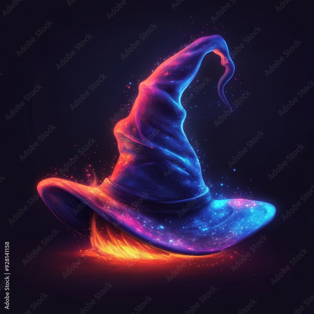 Poster A vibrant witch hat with a neon glow, symbolizing magic, mystery, fantasy, power, and celebration.