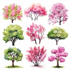 Obraz premium Watercolor illustration of nine different trees with pink flowers and green foliage.