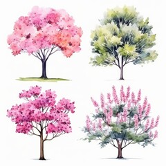 Obraz premium Watercolor illustration of four trees, two with pink flowers and two with green leaves.