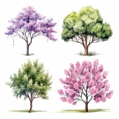 Obraz premium Watercolor illustration of four trees with purple and pink flowers, green leaves.