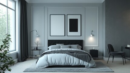 A minimalist bedroom featuring a primary color scheme of black and white, with light gray accents on rugs, bedding, wall panels, and decor