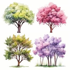 Watercolor illustration of four trees, one with green leaves, one with pink flowers, one with green leaves and one with purple flowers.