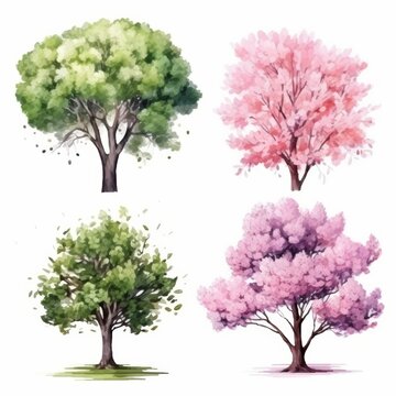 Watercolor illustration of four trees, two green trees with leaves and two pink trees with flowers.