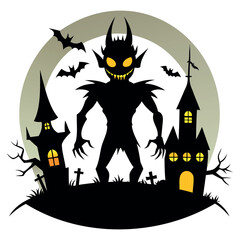 Halloween Vector Silhouette With Haunted House, pumpkin, and Bats Isolated on a white background
