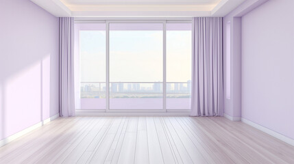 An empty room with pale lavender walls, a large floor-to-ceiling window