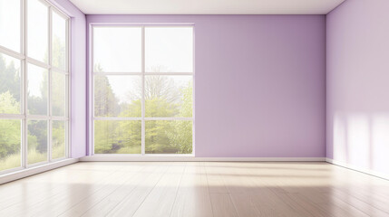 Fototapeta premium An empty room with pale lavender walls, a large floor-to-ceiling window