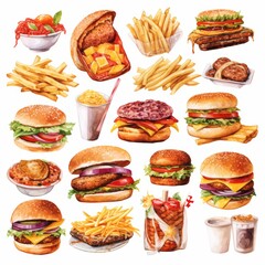 Watercolor illustration of assorted fast food including burgers, fries, onion rings, and milkshakes.