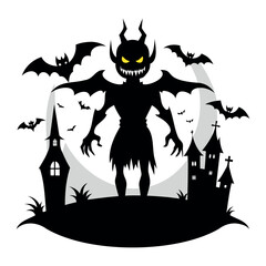 Halloween Vector Silhouette With Haunted House, pumpkin, and Bats Isolated on a white background