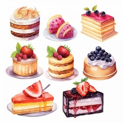 Watercolor illustration of assorted cakes with fruit toppings.