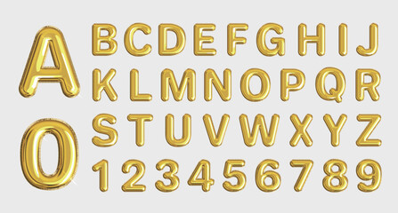 English alphabet and numbers Balloons. Golden balloons for text, letters, festivals. Festive, realistic scene. Vector illustration of letters from A to Z.