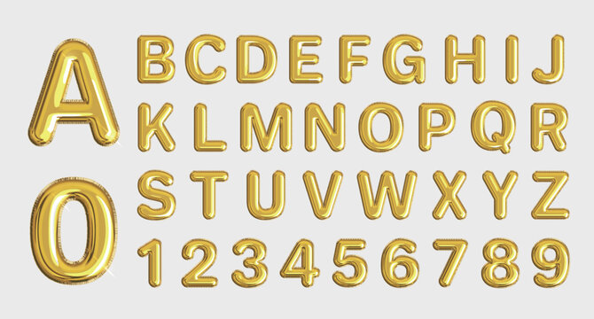 Gold balloon alphabet and numbers set, 3D metallic letter collection for party and celebration design