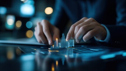 Fototapeta premium Business professional analyzing data with digital tools, showcasing hands manipulating financial charts in a modern workspace.