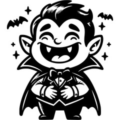 Fototapeta premium Vampire in medieval costume laughs cheerfully, holds his stomach in monochrome. Simple minimalistic vector in black ink drawing on transparent background