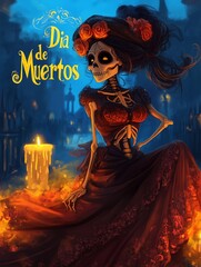 Woman on Day of the Dead. Spanish inscription "D&iacute;a de Muertos"