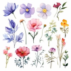 Watercolor floral illustrations with different flowers and leaves on white background.
