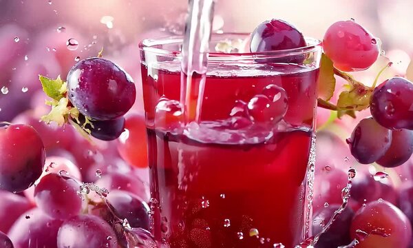 A glass of grape juice with a splash of water and a bunch of grapes on a pink background.