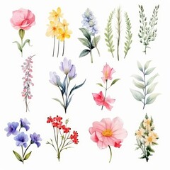 Fototapeta premium Watercolor floral collection with pink, yellow, blue and red flowers, green leaves and branches isolated on white background.