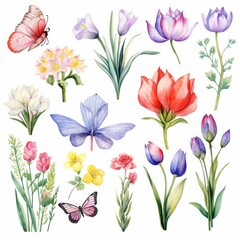 Watercolor collection of flowers and butterflies.
