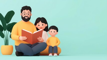 Happy family reading together, warm living room, 3D illustration