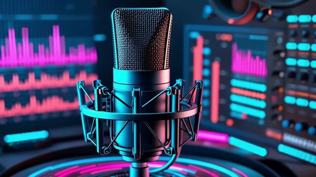 A microphone in a studio setting with colorful sound wave visuals.