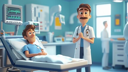 Obraz premium Cartoon Doctor Checking on Patient in Hospital Room.