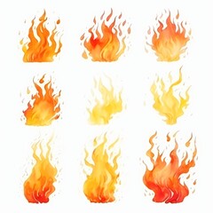 Set of watercolor painted flames isolated on white background.