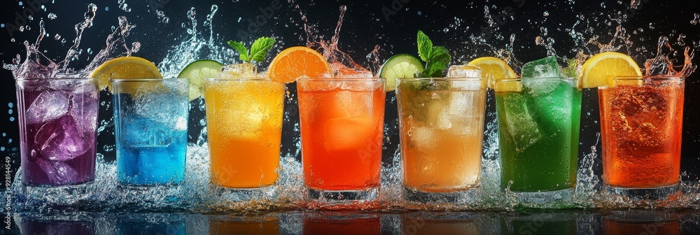 Poster Six colorful cocktails with ice cubes in glasses, surrounded by splashing water. The glasses are arranged in a row and the water creates a dynamic and refreshing effect.