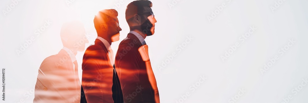 Wall mural The image captures three businessmen standing in silhouette, with sun rays illuminating them from behind. This symbolizes teamwork, collaboration, success, and ambition in the business world.