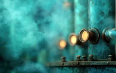 Mysterious steam rises from aged pipes, creating an atmospheric and industrial feel in an ethereal teal environment.