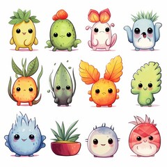 Obraz premium Set of 12 cute cartoon plant creatures with big eyes and smiles.