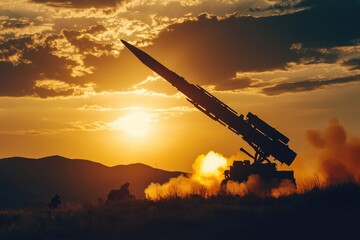 Missile Defense System Launching Rocket into Sunset Sky, Vibrant Warm Hues and Dramatic Evening Surface Background