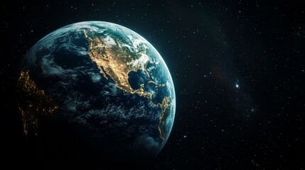 Obraz premium Earth from space with North America illuminated at night.