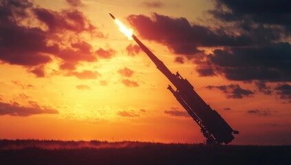 Missile Defense System Launching Rocket into Sunset Sky, Vibrant Warm Hues and Dramatic Evening Surface Background