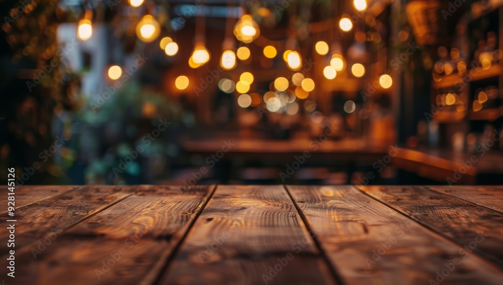 Poster wooden tabletop with blurred warm lights and bokeh background