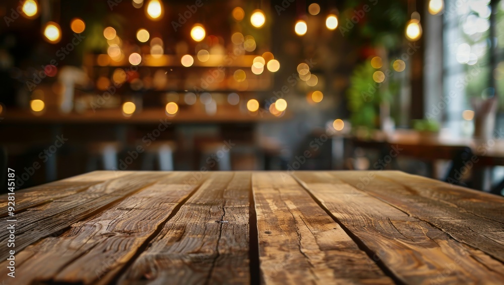 Poster close-up of rustic wooden tabletop with blurry cafe background