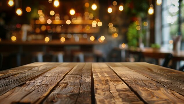 Close-up of Rustic Wooden Tabletop with Blurry Cafe Background