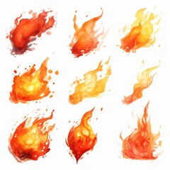 Nine different watercolor illustrations of flames isolated on white background.