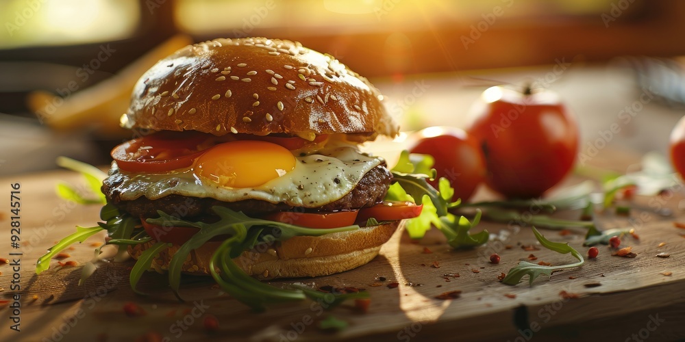 Wall mural egg and tomato cheeseburger