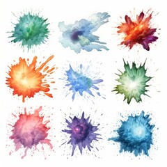 Nine abstract, colorful, paint splatters isolated on a white background.