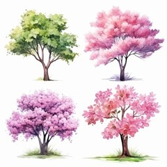 Obraz premium Four Watercolor Trees with Green and Pink Foliage.