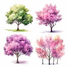 Obraz premium Four watercolor illustrations of trees, one green and three different shades of pink.