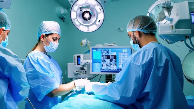 Surgeons and assistants concentrate on intricate eye surgery using advanced equipment in a sterile environment.