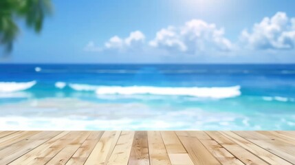 Fototapeta premium Wooden Table Set on Beach Sand with Ocean Waves, Tropical Summer Showcase and Blurred Background