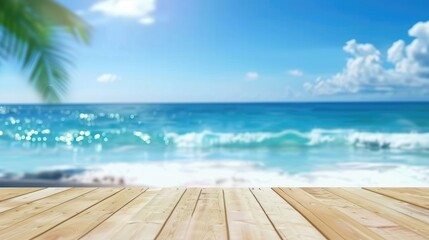 Fototapeta premium Wooden Table Set on Beach Sand with Ocean Waves, Tropical Summer Showcase and Blurred Background