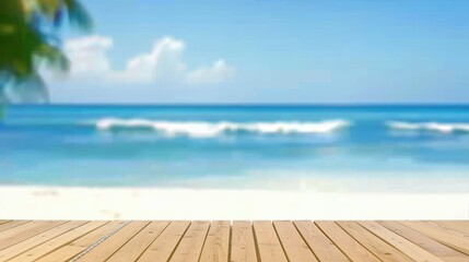 Fototapeta premium Wooden Table Set on Beach Sand with Ocean Waves, Tropical Summer Showcase and Blurred Background