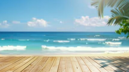 Fototapeta premium Wooden Table Set on Beach Sand with Ocean Waves, Tropical Summer Showcase and Blurred Background