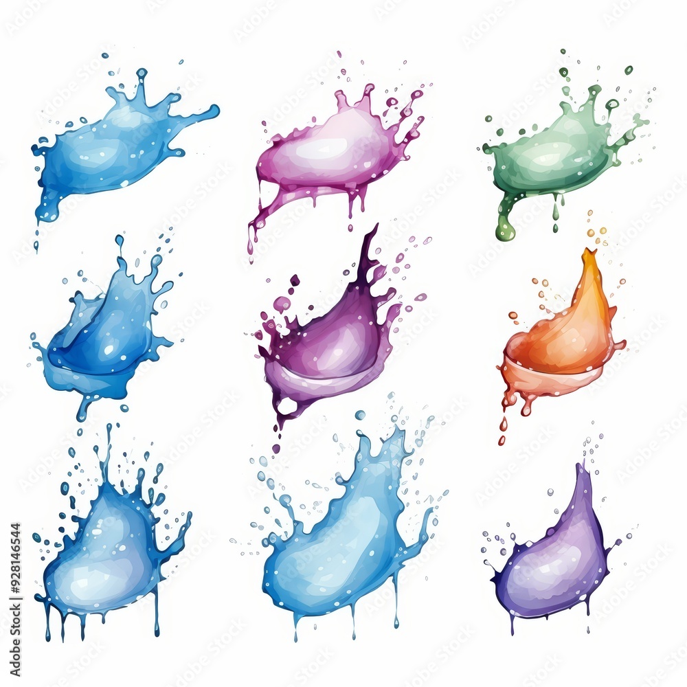 Wall mural colorful liquid splashes with dripping elements isolated on white background.