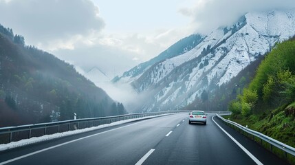 White Car Driving on Winding Mountain Road, Winter Landscape with Misty Hills and Mountain Background