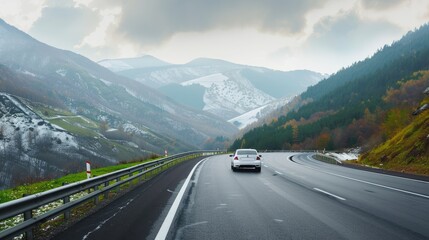 White Car Driving on Winding Mountain Road, Winter Landscape with Misty Hills and Mountain Background