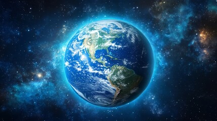 Obraz premium A vibrant Earth glows with a blue halo in a dark space dotted with stars.